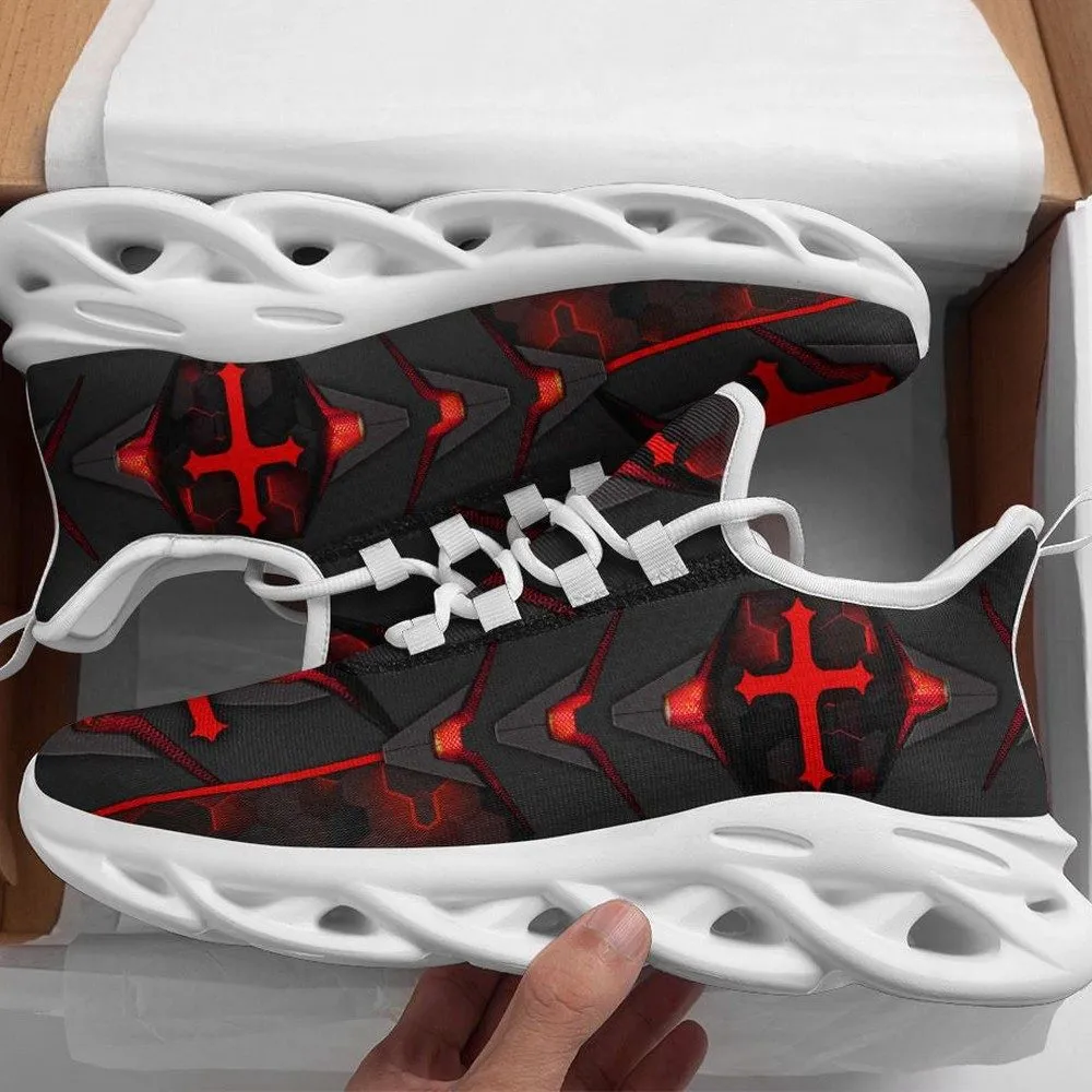 Jesus Christian Cross Red Max Soul Shoes, Glowing Hexagon Gothic Sneakers, Black Faith Lace-Up Trainers for Men and Women