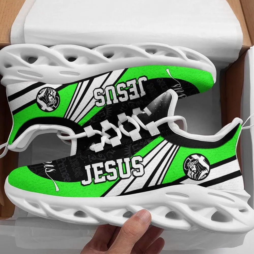 Jesus Christian Green Max Soul Shoes, Bold Lime Lettering Sneakers, Faith Lace-Up Running Trainers, Church Gift for Men and Women