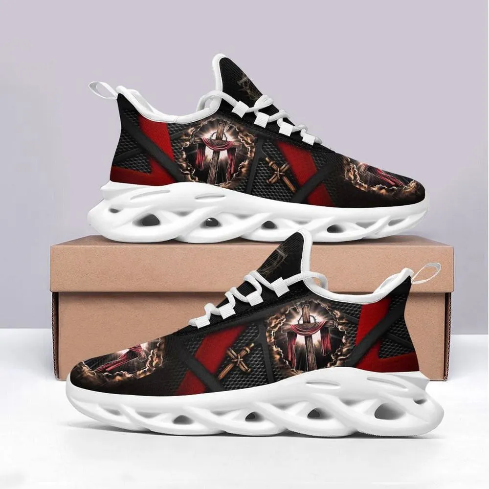 Jesus Christian Max Soul Shoes, Crown of Thorns Cross Sneakers, Black and Red Faith Lace-Up Trainers, Church Walking Gift for Men and Women