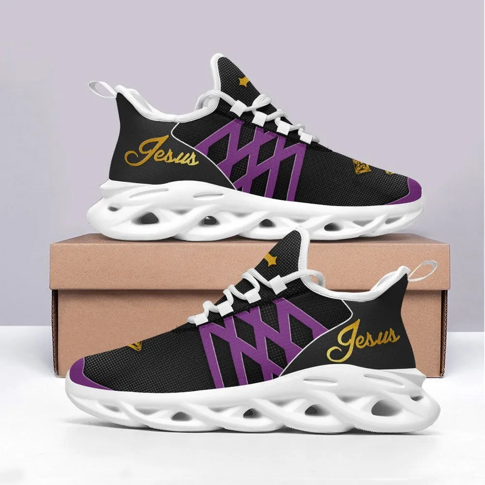 Jesus Christian Purple Max Soul Shoes, Gold Script Crown Faith Sneakers, Black Lace-Up Walking Trainers, Church Gift for Women and Men