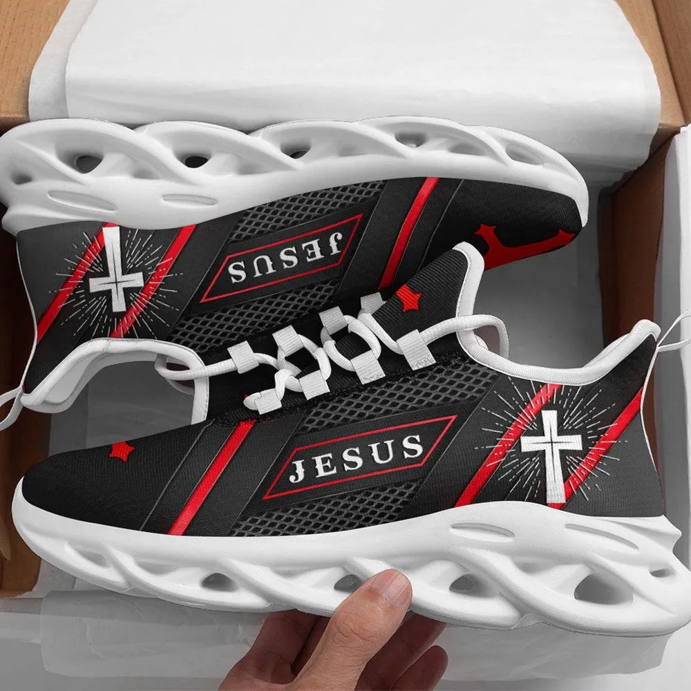 Jesus Christian Red Black Max Soul Shoes, Radiant White Cross Sneakers, Name Badge Lace-Up Walking Trainers for Men and Women