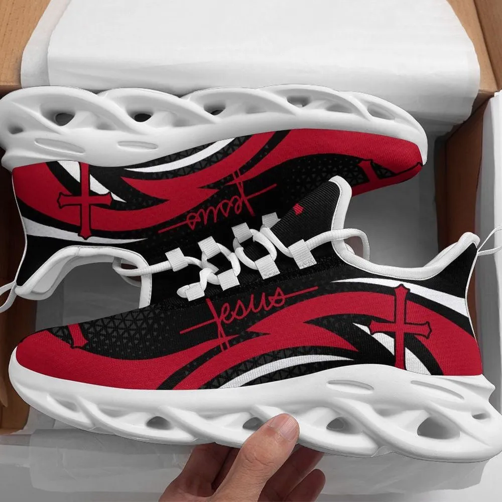 Jesus Christian Red Cross Max Soul Shoes, Black Swirl Faith Sneakers, Script Lace-Up Running Trainers, Church Gift for Men and Women