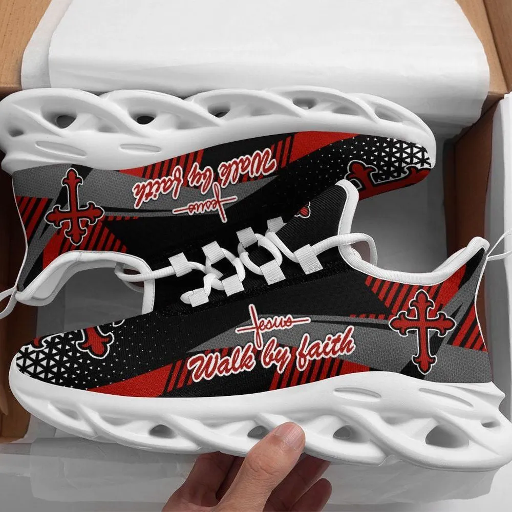 Jesus Christian Red Walk By Faith Max Soul Shoes, Gothic Cross Black Grey Sneakers, Church Lace-Up Trainers, Gift for Men and Women
