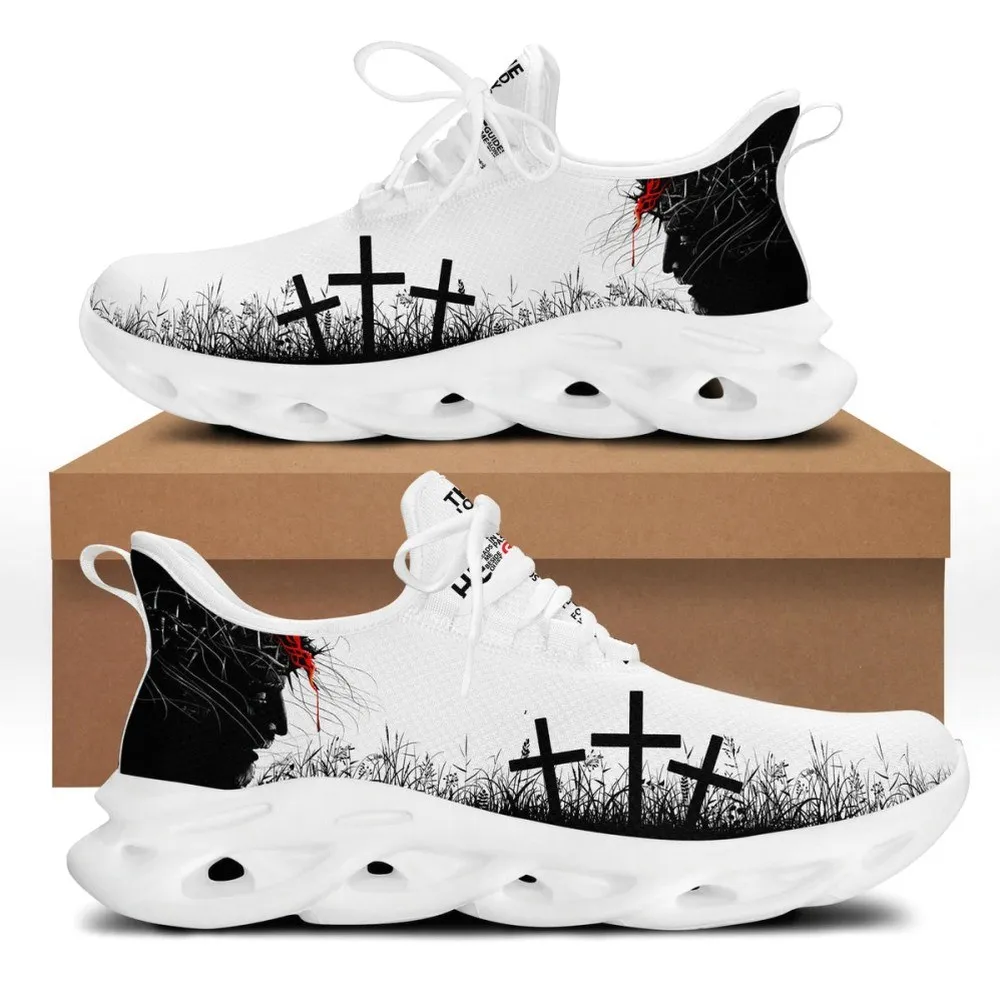 Jesus Christian Three Cross White Max Soul Shoes, Crown of Thorns Faith Sneakers, Christian Walking Shoes, Religious Gift for Men and Women