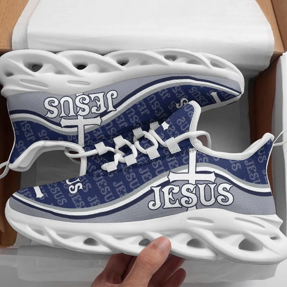 Jesus Christian White Blue Max Soul Shoes, Navy Name Pattern Cross Sneakers, Church Lace-Up Walking Trainers for Men and Women