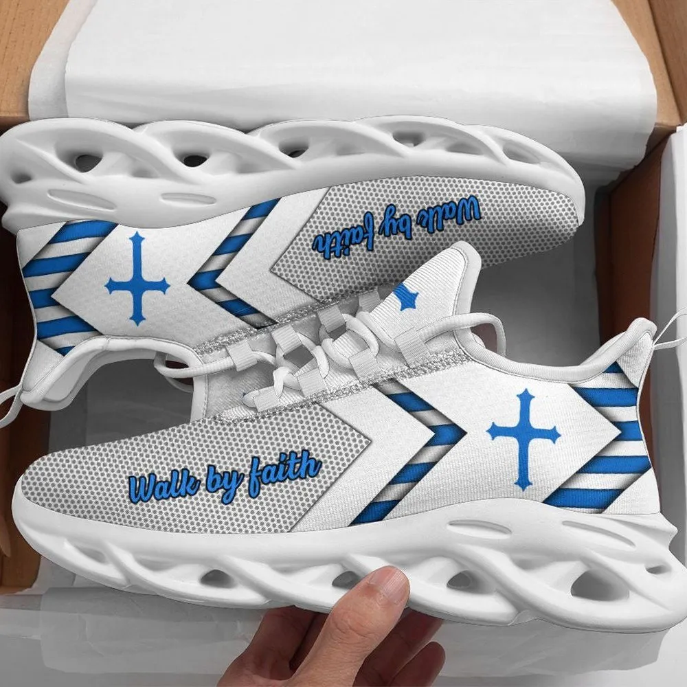 Jesus Christian White Walk By Faith Max Soul Shoes, Blue Cross Church Sneakers, Lace-Up Running Trainers, Religious Gift for Men and Women