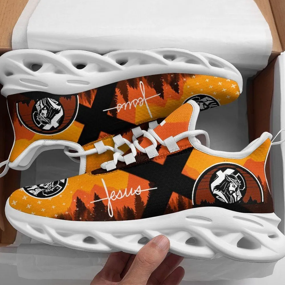 Jesus Christian Yellow Max Soul Shoes, Sunset Forest Cross Sneakers, Orange Faith Lace-Up Walking Trainers for Men and Women
