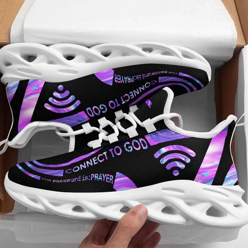 Jesus Connect To God Max Soul Shoes, The Password Is Prayer Wi-Fi Christian Sneakers, Holographic Purple Lace-Up Walking Trainers