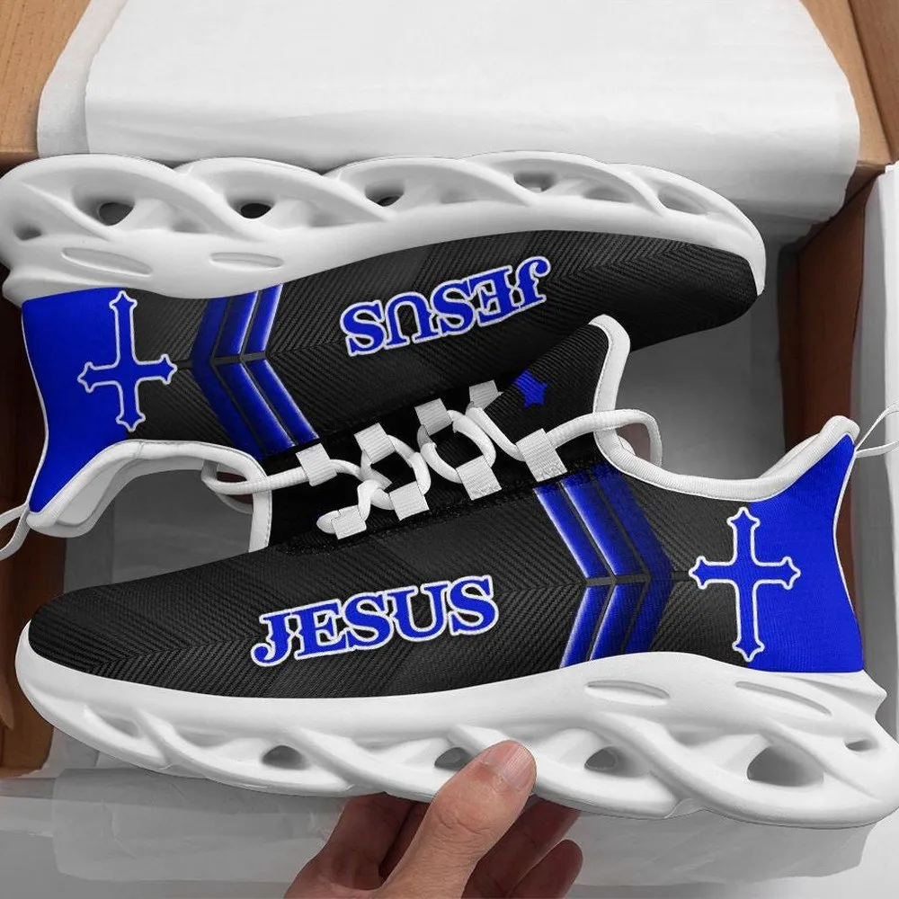 Jesus Cross Blue Christian Max Soul Shoes, Black Carbon Sneakers, Faith Lace-Up Running Trainers, Church Gift for Men and Women
