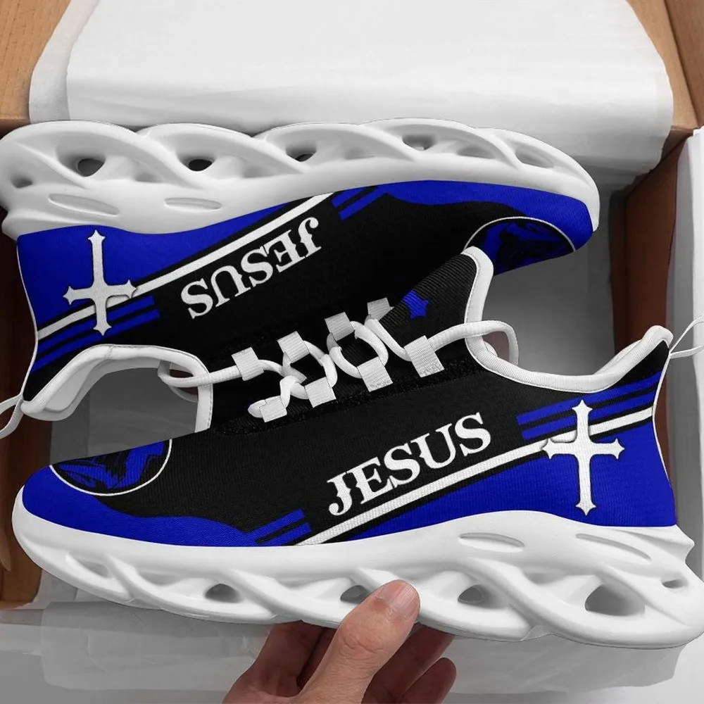 Jesus Cross Blue Max Soul Shoes, Bold Lettering Christian Sneakers, Black Panel Lace-Up Walking Trainers for Men and Women