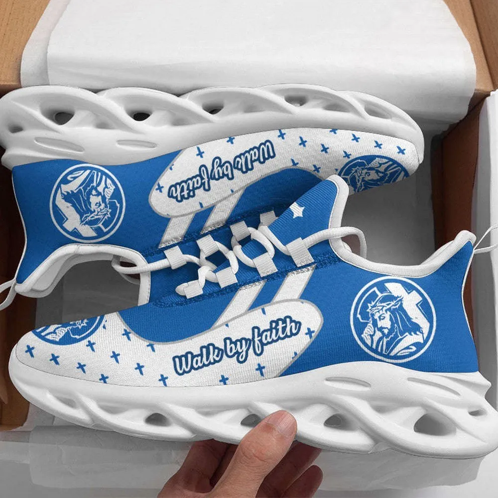 Jesus Cross Blue Walk By Faith Christian Max Soul Shoes, Crown of Thorns Portrait Sneakers, Church Walking Trainers for Men and Women