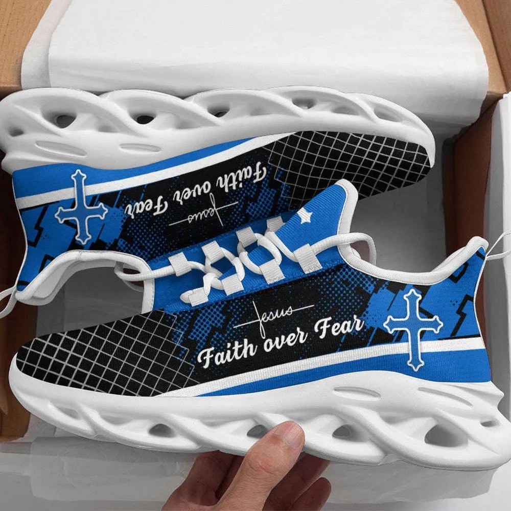 Jesus Cross Faith Over Fear Blue Max Soul Shoes, Christian Grid Pattern Sneakers, Church Lace-Up Running Trainers for Men and Women