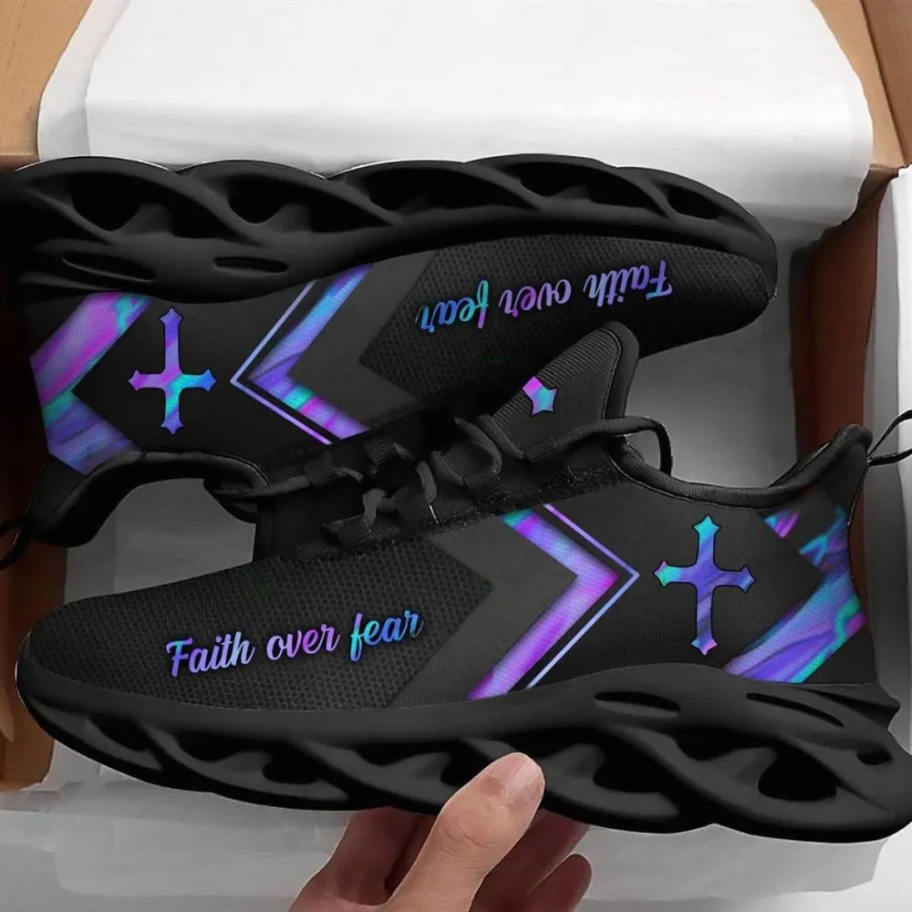 Jesus Cross Faith Over Fear Max Soul Shoes, Holographic Purple Christian Sneakers, Lace-Up Walking Trainers, Religious Gift for Women and Men