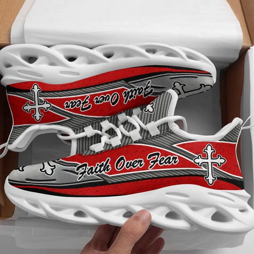 Jesus Cross Faith Over Fear Red And Black Max Soul Shoes, Christian Carbon Stripe Sneakers, Church Walking Trainers for Men and Women
