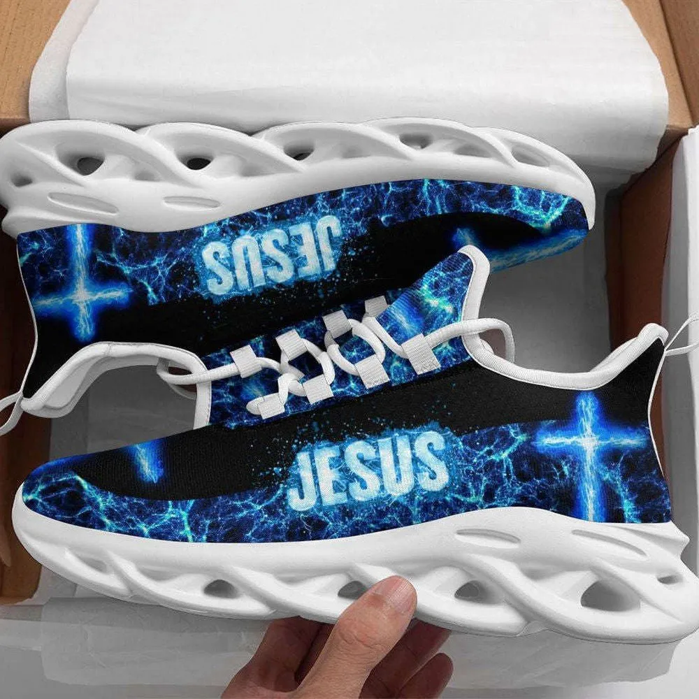 Jesus Cross Galaxy Blue Max Soul Shoes, Electric Lightning Christian Sneakers, Faith Lace-Up Running Trainers for Men and Women