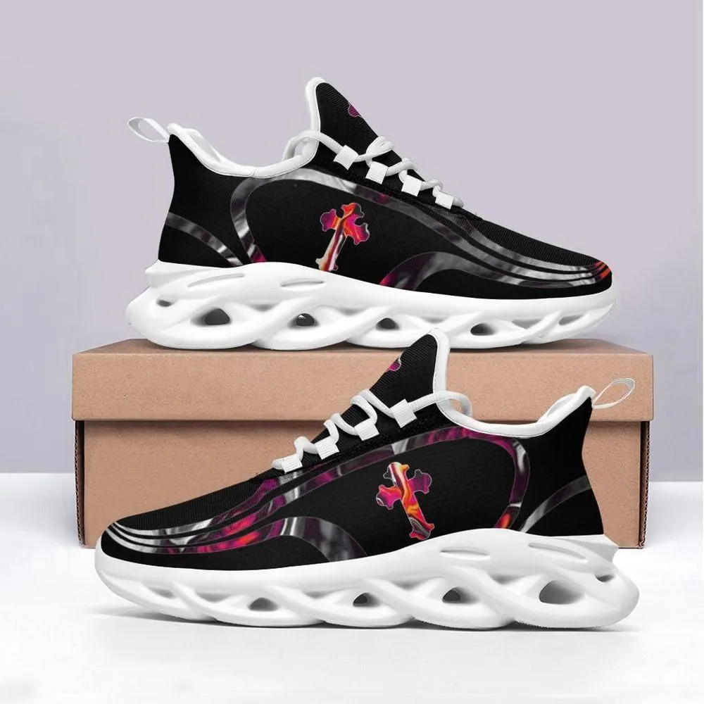 Jesus Cross Max Soul Shoes, Fiery Pink Flame Christian Sneakers on Black, Faith Lace-Up Walking Trainers, Gift for Believers