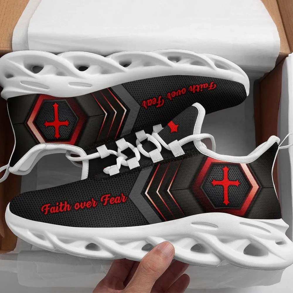 Jesus Cross Red Black Faith Over Fear Max Soul Shoes, Christian Hexagon Sneakers, Bible Verse Walking Trainers for Men and Women