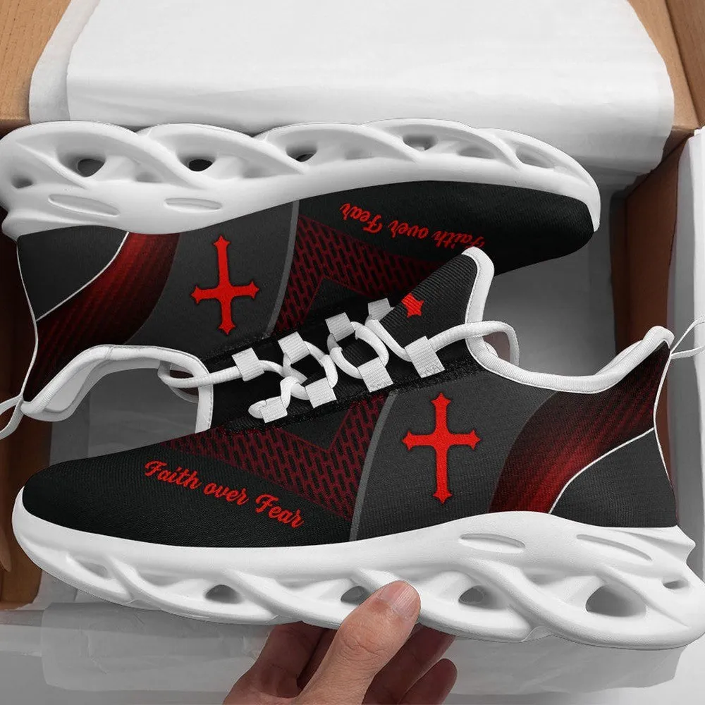 Jesus Cross Red Faith Over Fear Max Soul Shoes, Black Christian Sneakers, Lace-Up Walking Shoes, Church Gift for Men and Women