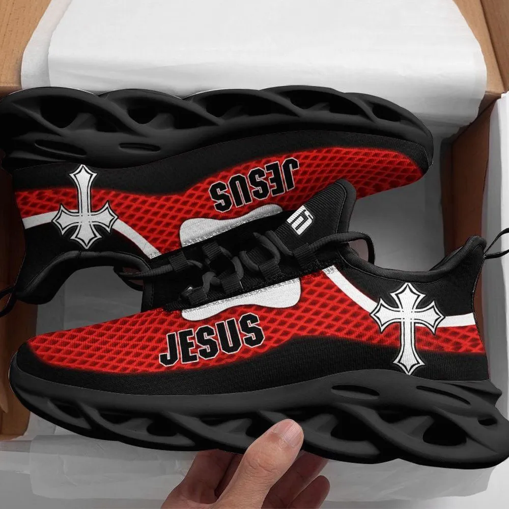 Jesus Cross Red Max Soul Shoes, Diamond Mesh Christian Sneakers, Black and White Lace-Up Walking Shoes for Men and Women