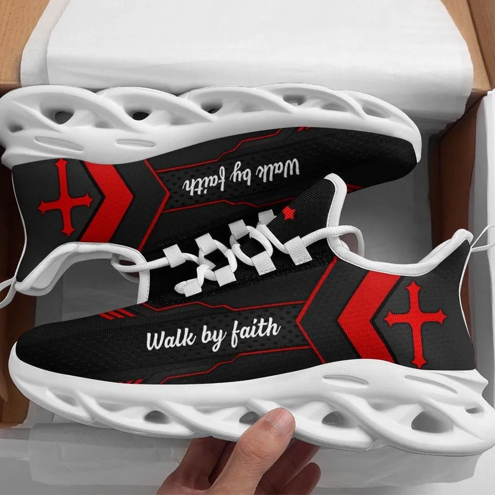 Jesus Cross Red Walk By Faith Max Soul Shoes, Black Christian Sneakers, Chevron Print Lace-Up Walking Shoes, Gift for Believers