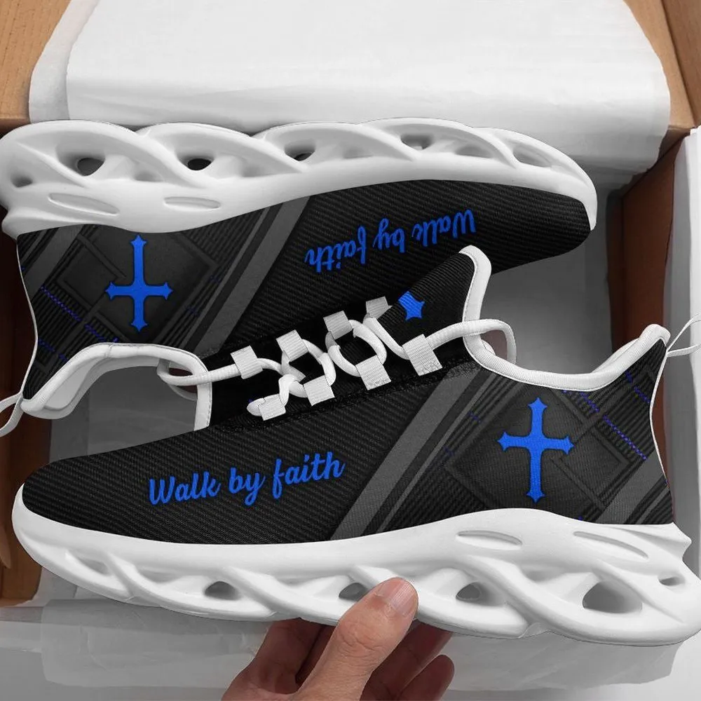 Jesus Cross Walk By Faith Black Blue Max Soul Shoes, Christian Running Sneakers, Plaid Print Lace-Up Shoes, Gift for Dad or Son