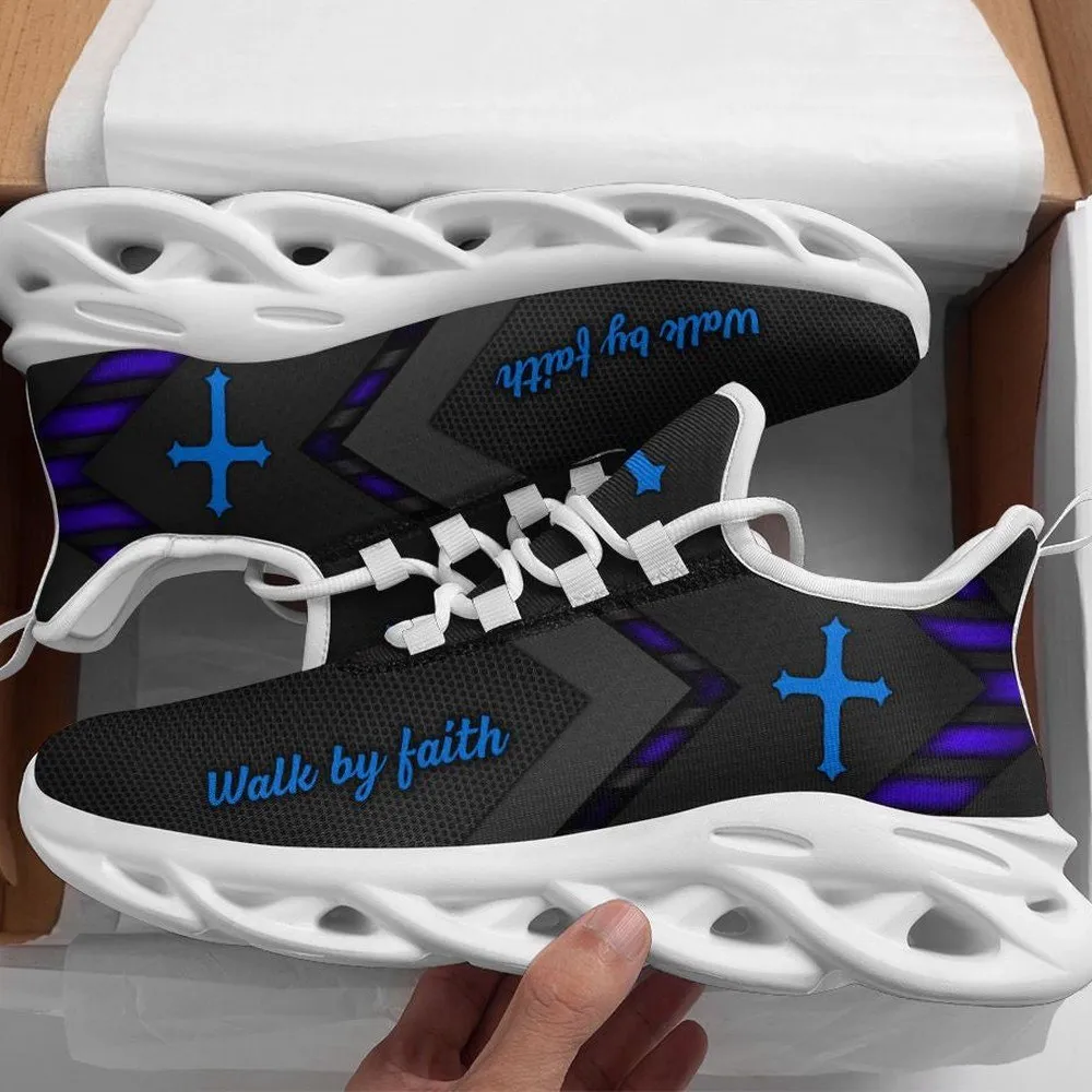 Jesus Cross Walk By Faith Max Soul Shoes, Blue Christian Sneakers, Charcoal Lace-Up Walking Shoes, Church Gift for Men and Women