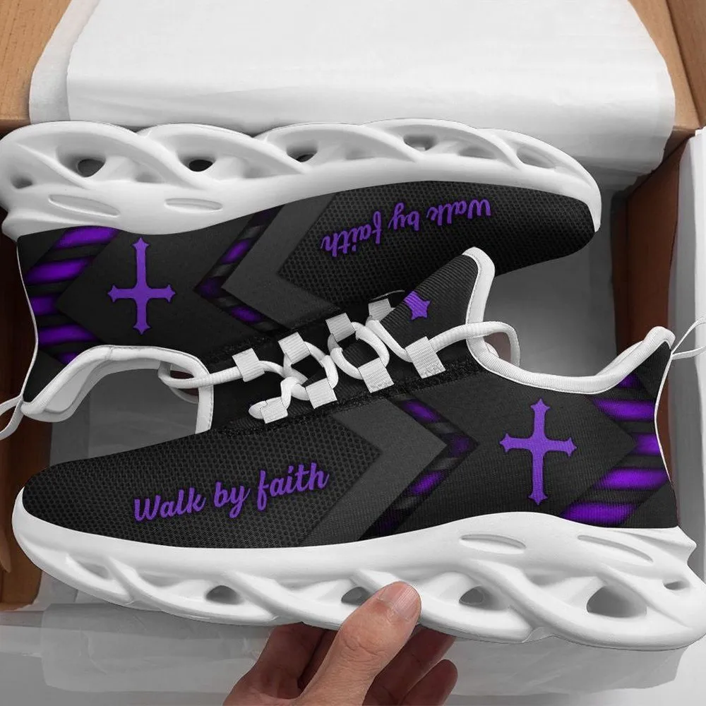 Jesus Cross Walk By Faith Purple Max Soul Shoes, Christian Sneakers, Charcoal Lace-Up Walking Shoes, Gift for Women and Men
