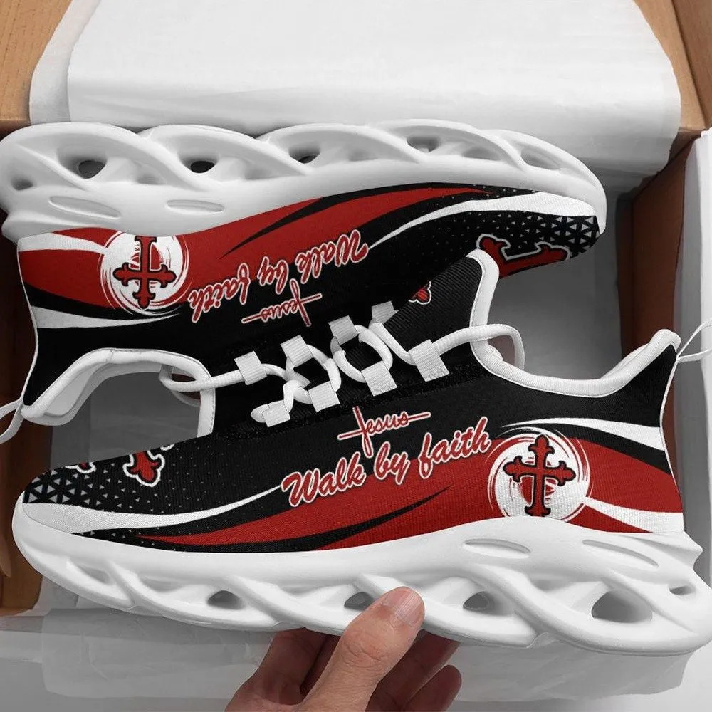 Jesus Cross Walk By Faith Red Christian Max Soul Shoes, Black and White Sneakers, Lace-Up Walking Shoes, Church Gift for Believers