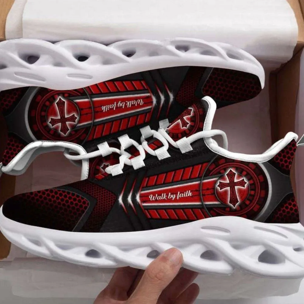 Jesus Cross Walk By Faith Red Max Soul Shoes, Black Carbon Medallion Christian Sneakers, Lace-Up Running Shoes for Men and Women
