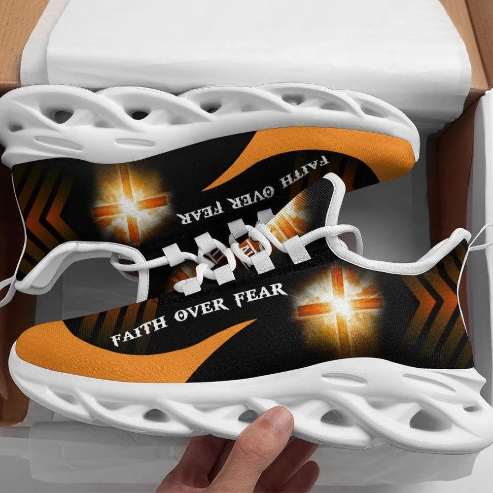 Jesus Cross Yellow Faith Over Fear Christian Max Soul Shoes, Glowing Light Orange and Black Sneakers, Lace-Up Church Walking Shoes