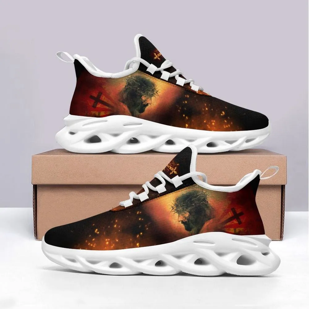 Jesus Crown Of Thorns Max Soul Shoes, Three Crosses Calvary Christian Sneakers, Fiery Lace-Up Walking Shoes, Easter Gift for Believers