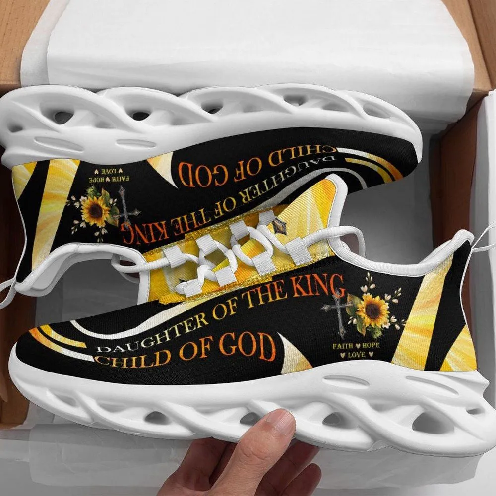 Jesus Daughter Of The King Max Soul Shoes, Child of God Sunflower Cross Sneakers, Black Christian Walking Shoes for Women
