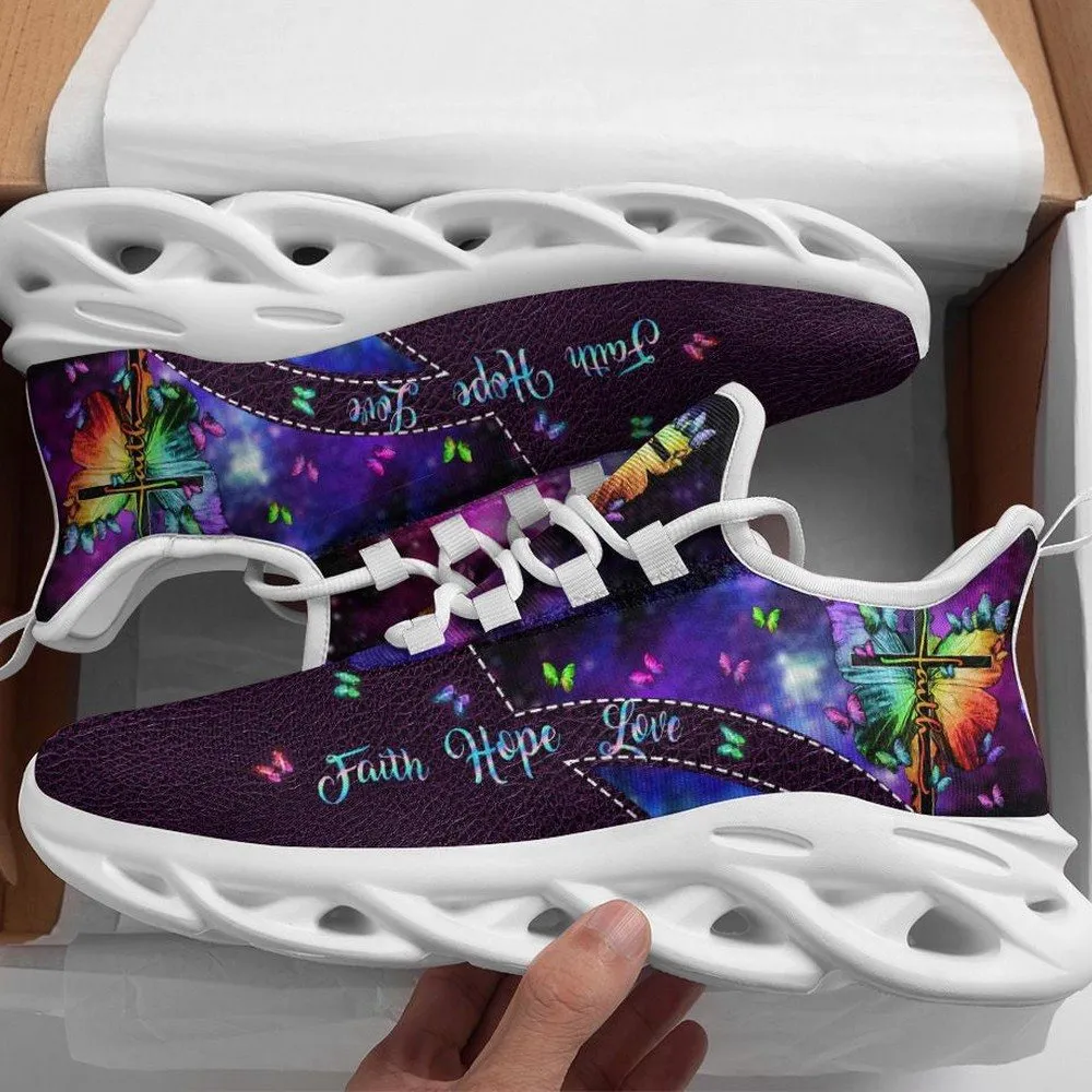 Jesus Faith Hope Love Butterfly Max Soul Shoes, Purple Galaxy Cross Christian Sneakers, Rainbow Lace-Up Walking Shoes for Women
