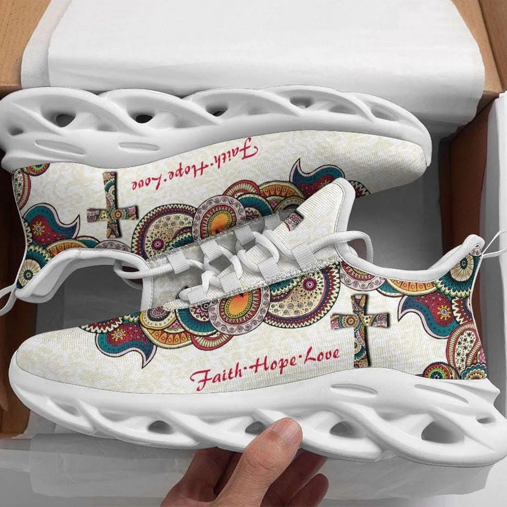 Jesus Faith Hope Love Cross Max Soul Shoes, Boho Paisley Mandala Christian Sneakers, Cream Lace-Up Walking Shoes, Gift for Her
