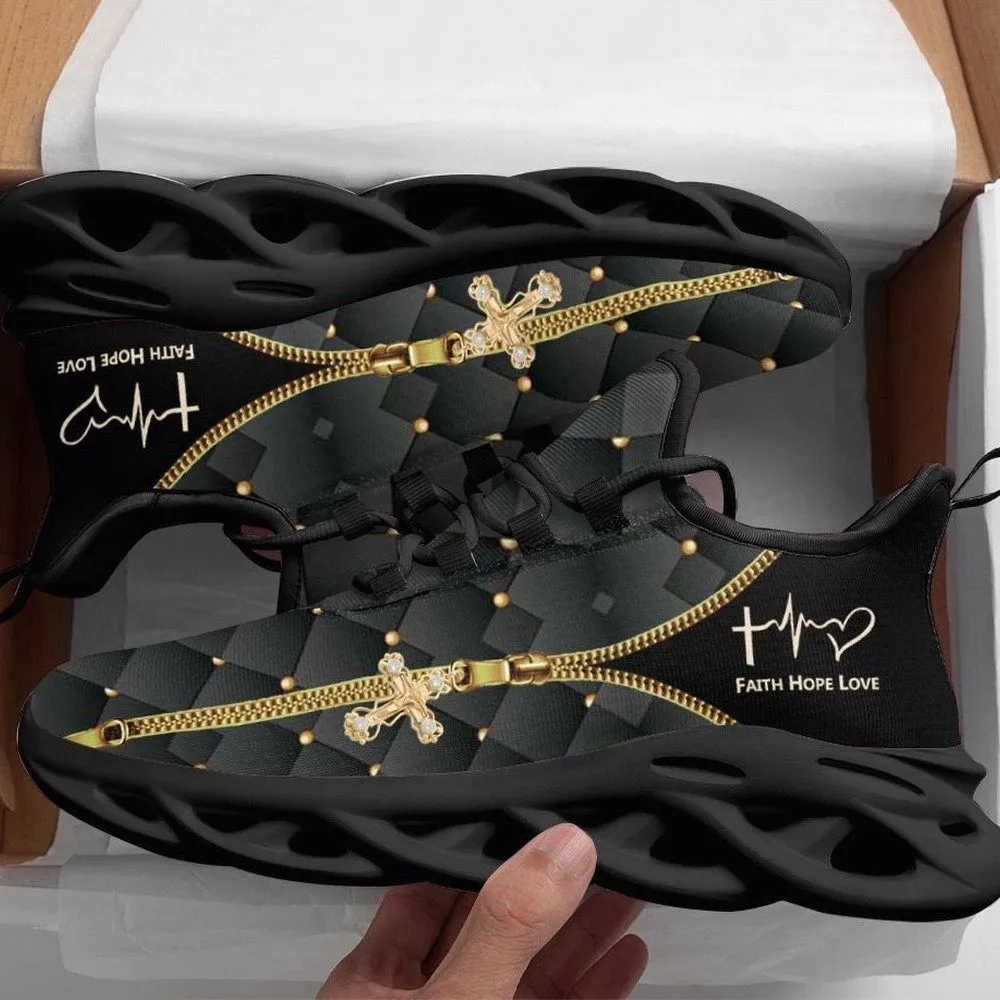 Jesus Faith Hope Love Max Soul Shoes, Black Quilted Gold Zipper Cross Sneakers, Christian Walking Shoes, Gift for Mom or Grandma