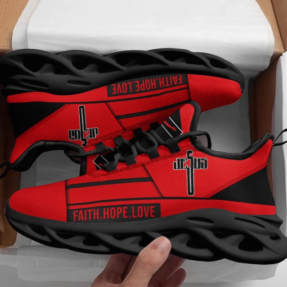 Jesus Faith Hope Love Red Max Soul Shoes, Black Christian Cross Sneakers, Lace-Up Walking Shoes, Church Gift for Women and Men