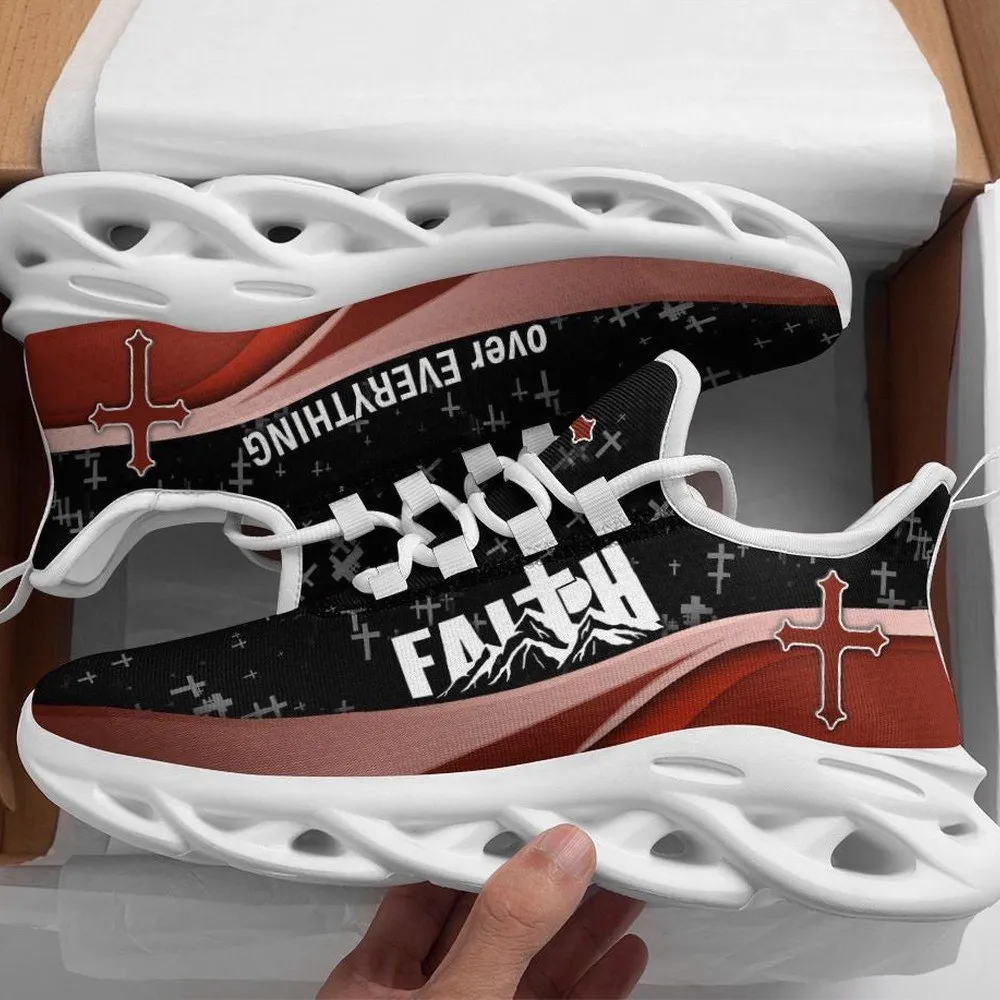 Jesus Faith Over Everything Cross Max Soul Shoes, Mountain Christian Sneakers, Black and Red Lace-Up Walking Shoes for Church