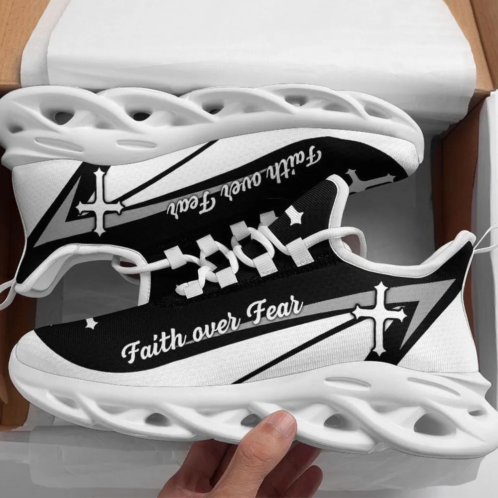 Jesus Faith Over Fear Black And White Max Soul Shoes, Christian Cross Sneakers, Monochrome Walking Shoes, Gift for Believers