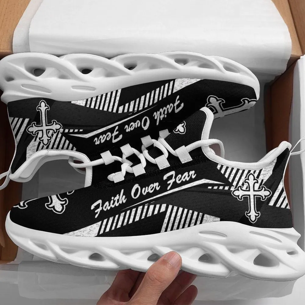Jesus Faith Over Fear Black Max Soul Shoes, White Christian Cross Sneakers, Comfortable Church Walking Shoes for Men and Women