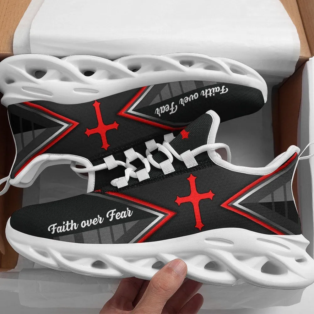 Jesus Faith Over Fear Black Red Max Soul Shoes, Christian Cross Sneakers, Lace-Up Walking Shoes, Gift for Pastor or Dad
