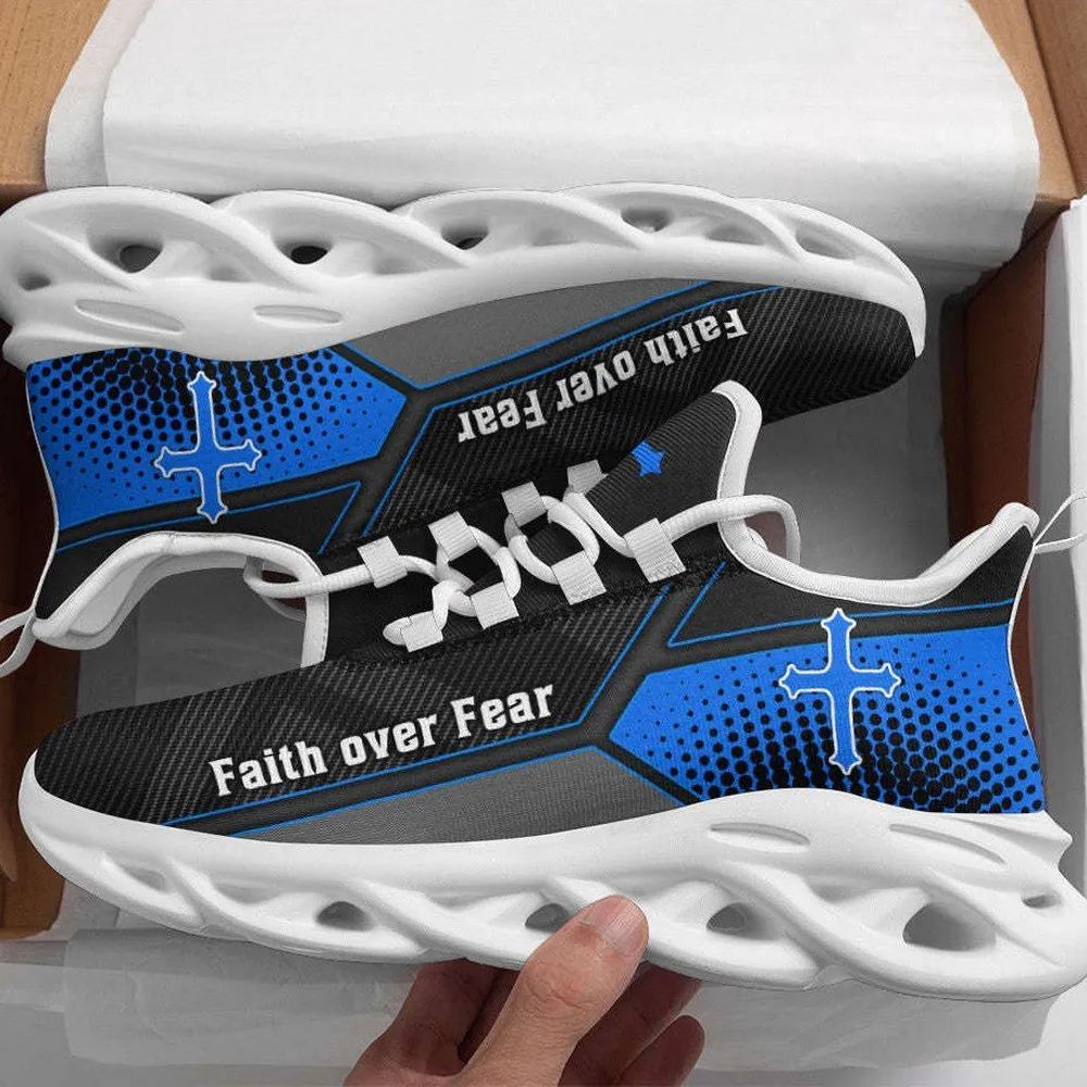 Jesus Faith Over Fear Blue Black Max Soul Shoes, Christian Cross Running Sneakers, Carbon Print Lace-Up Shoes, Church Gift