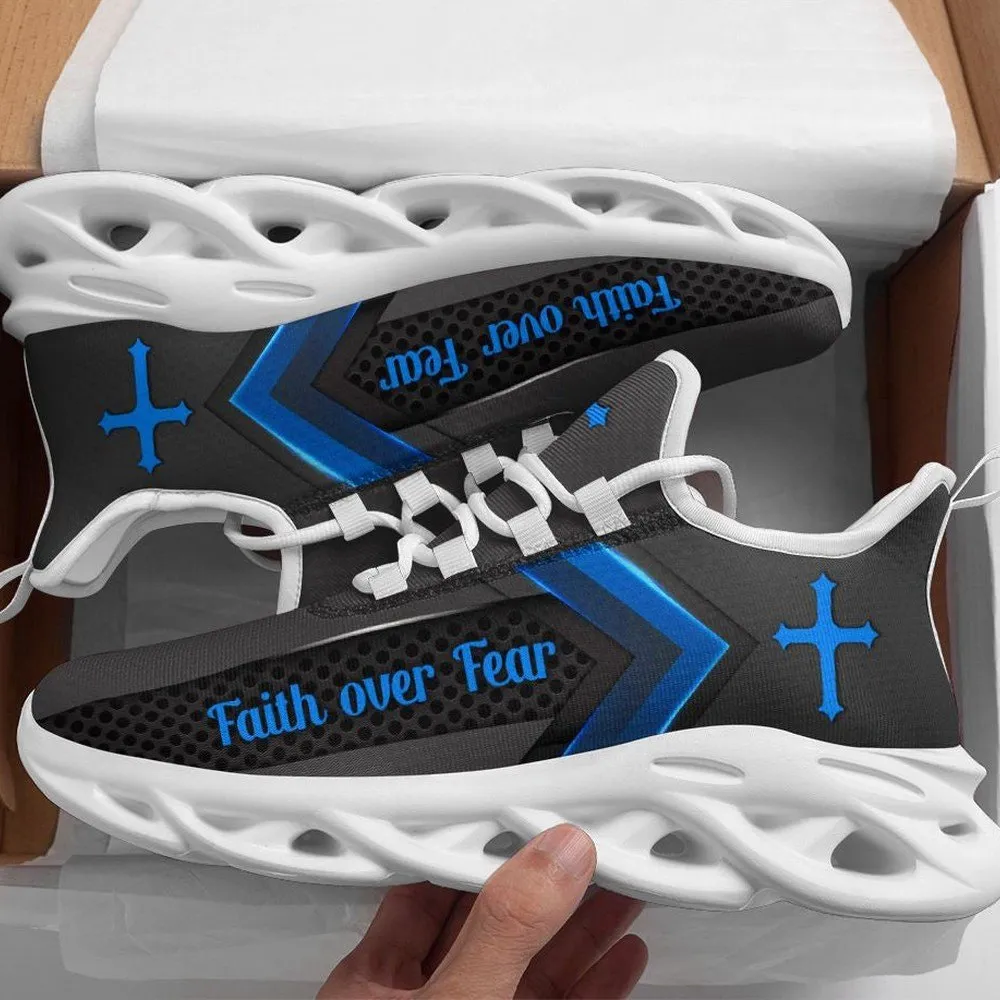 Jesus Faith Over Fear Blue Christian Max Soul Shoes, Charcoal Cross Sneakers, Lace-Up Walking Shoes, Gift for Men and Women