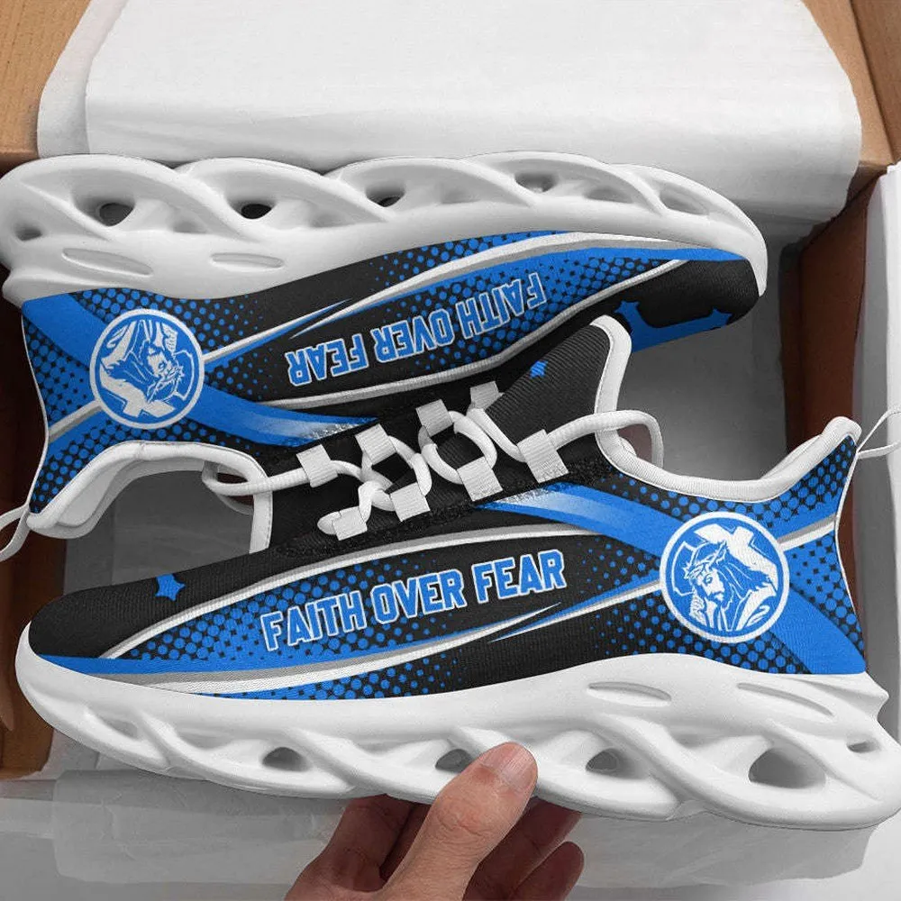 Jesus Faith Over Fear Blue Cross Max Soul Shoes, Crown of Thorns Christian Sneakers, Black Lace-Up Walking Shoes for Church