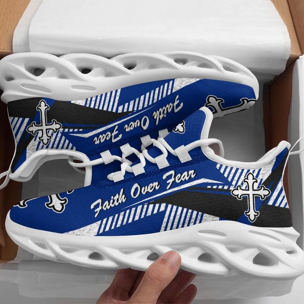 Jesus Faith Over Fear Blue Max Soul Shoes, Royal Christian Cross Sneakers, Church Walking Shoes, Gift for Men and Women