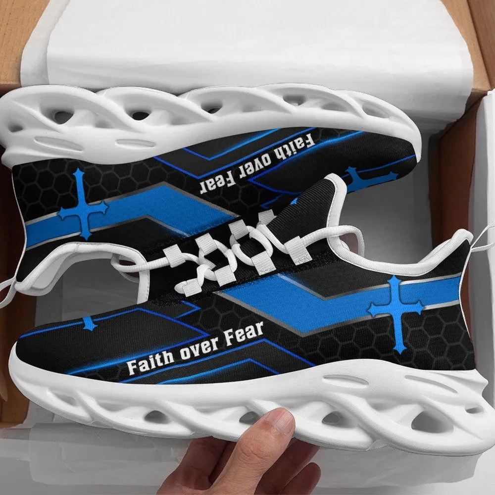 Jesus Faith Over Fear Cross Black Blue Max Soul Shoes, Christian Running Sneakers, Honeycomb Lace-Up Shoes for Men and Women