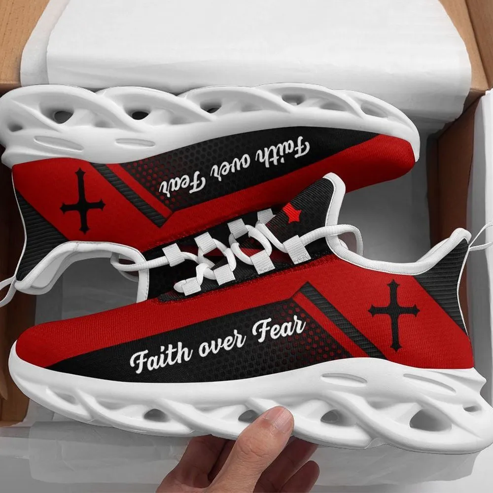 Jesus Faith Over Fear Cross Black Max Soul Shoes, Red Christian Sneakers, Honeycomb Print Walking Shoes, Gift for Believers
