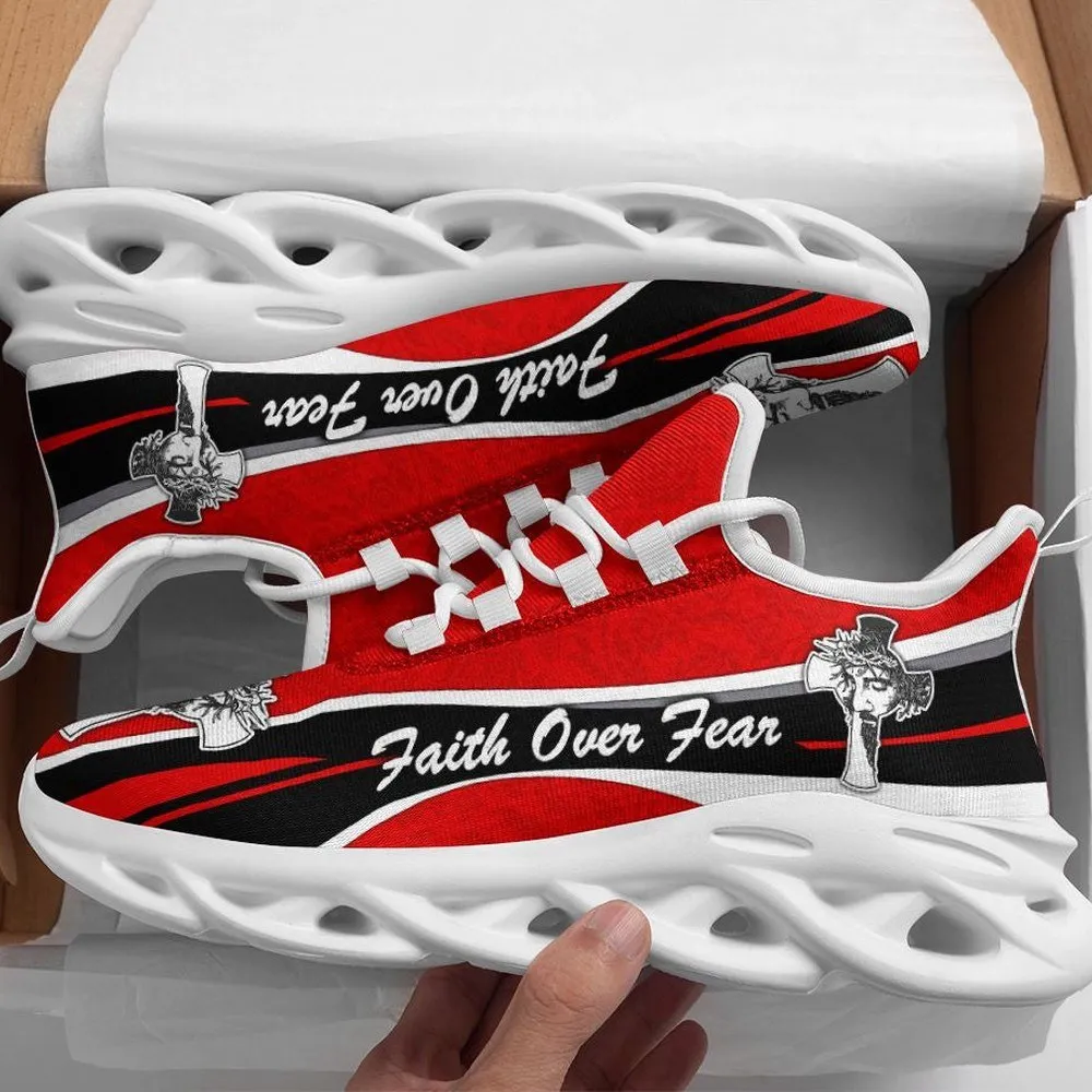 Jesus Faith Over Fear Cross Black Red Max Soul Shoes, Crown of Thorns Christian Sneakers, Lace-Up Walking Shoes for Church