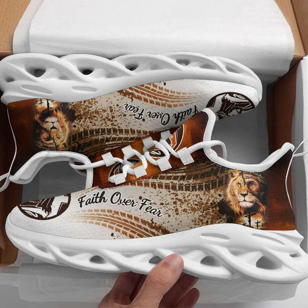 Jesus Faith Over Fear Cross Black White Max Soul Shoes, Lion Portrait Christian Sneakers for Men and Women, Church Walking Footwear
