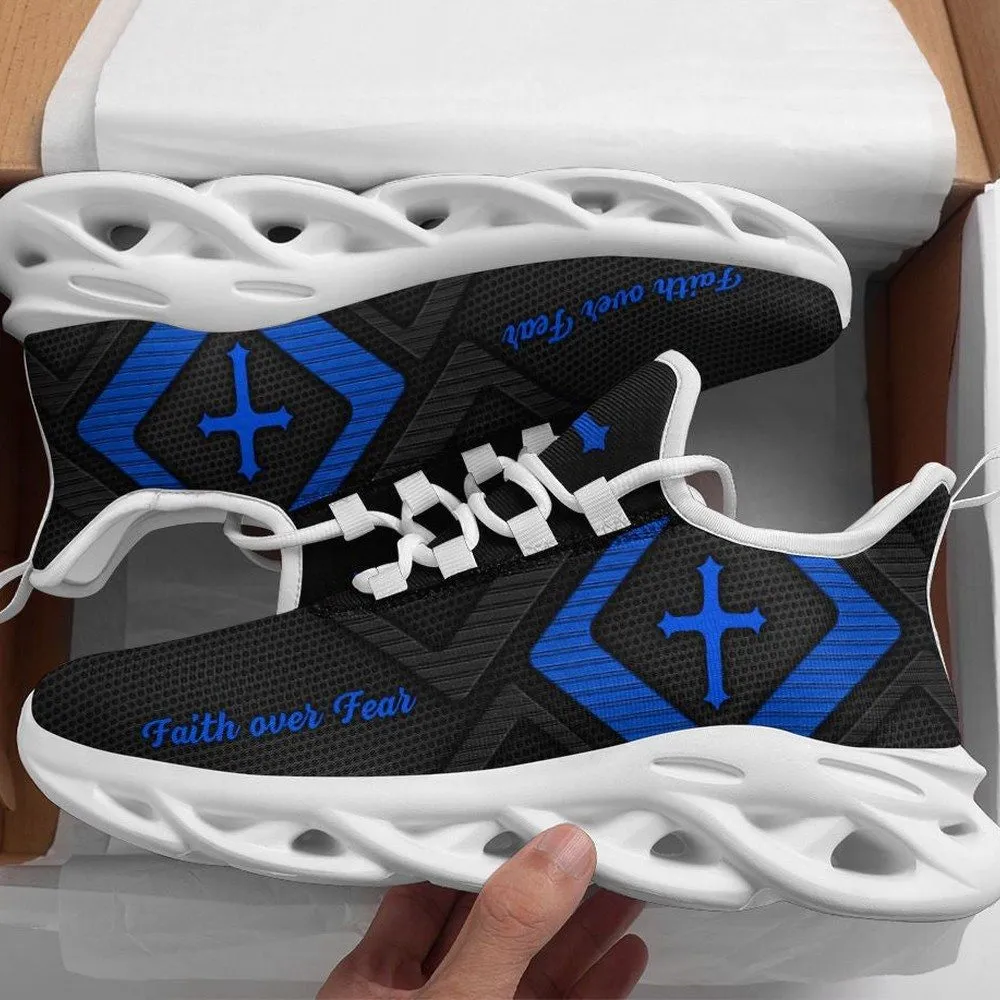 Jesus Faith Over Fear Cross Blue And Black Max Soul Shoes, Diamond Emblem Christian Sneakers for Men Women, Bible Walking Footwear