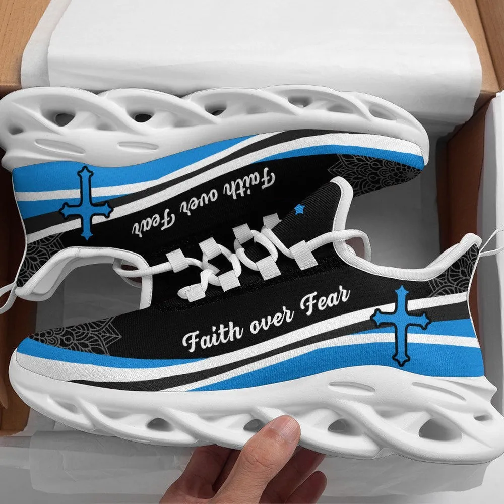 Jesus Faith Over Fear Cross Blue And White Max Soul Shoes, Black Striped Christian Sneakers for Men Women, Church Walking Footwear